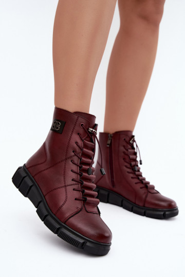 Faux leather insulated women's ankle boots burgundy color Savelia