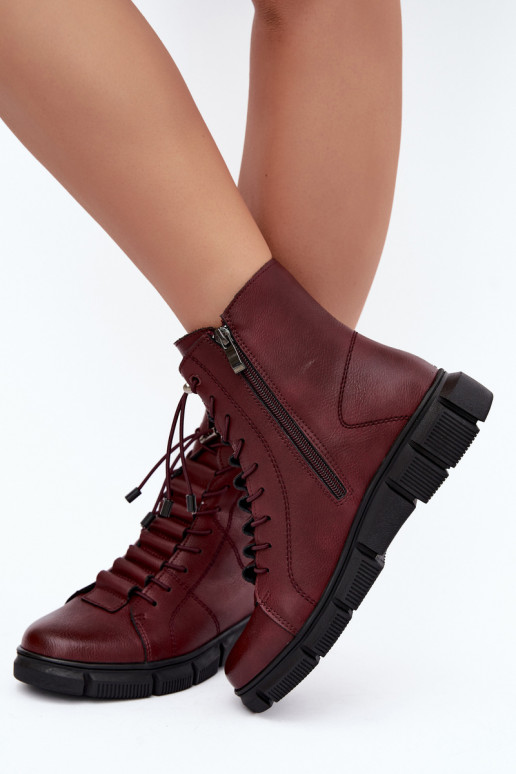Faux leather insulated women's ankle boots burgundy color Savelia