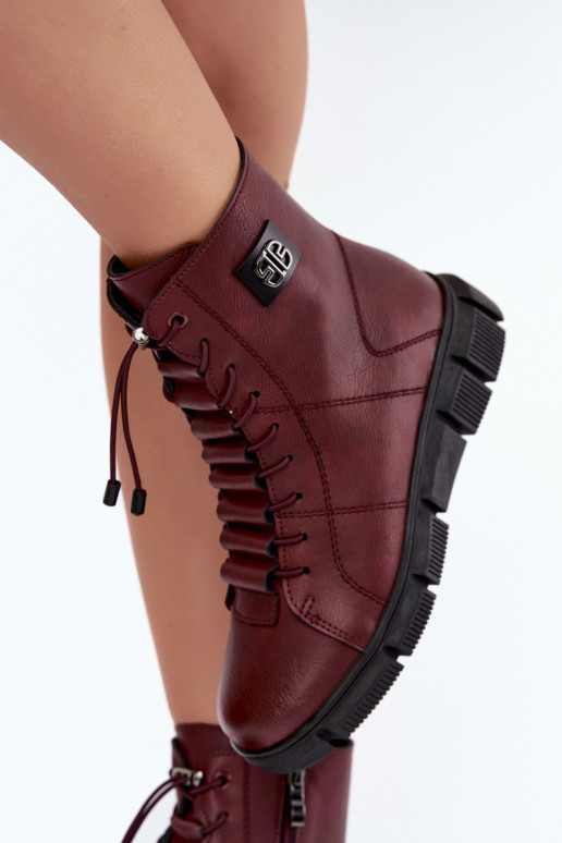 Faux leather insulated women's ankle boots burgundy color Savelia