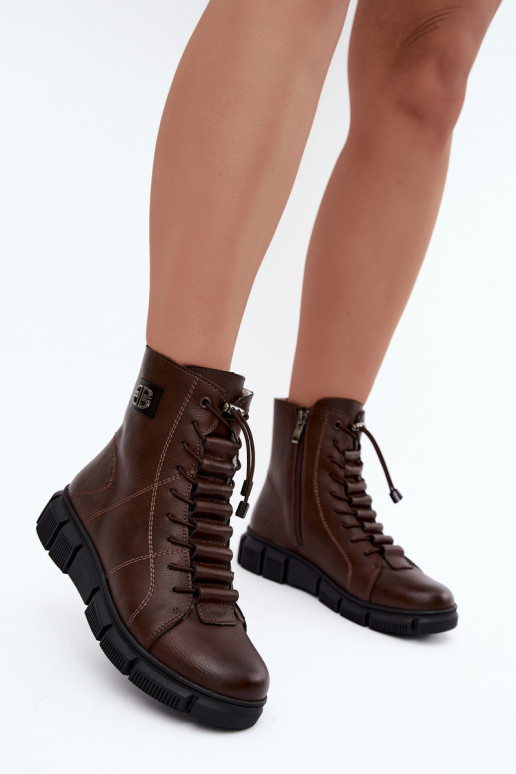 Faux leather insulated women's ankle boots chocolate color Savelia