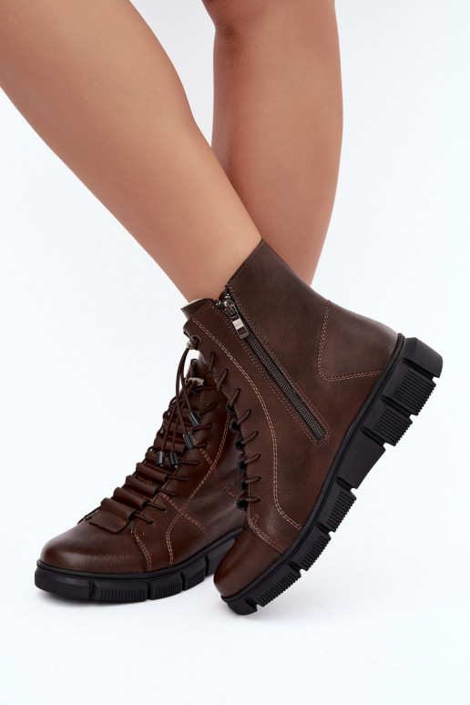 Faux leather insulated women's ankle boots chocolate color Savelia