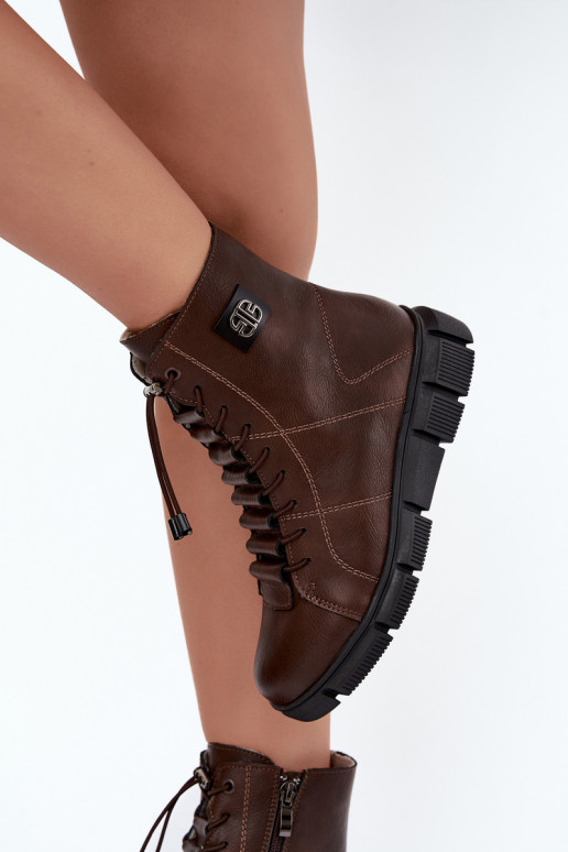 Faux leather insulated women's ankle boots chocolate color Savelia