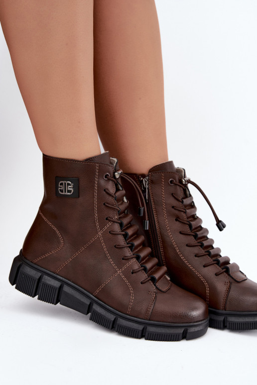 Faux leather insulated women's ankle boots chocolate color Savelia