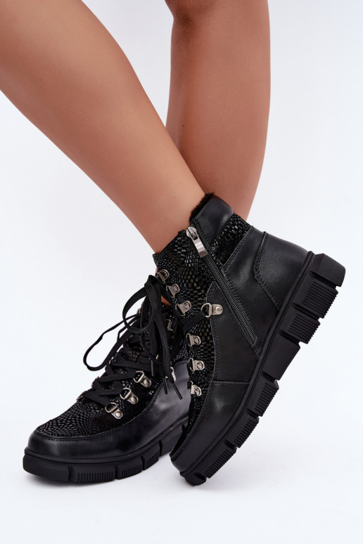 Faux leather insulated women's ankle boots black color INanelia