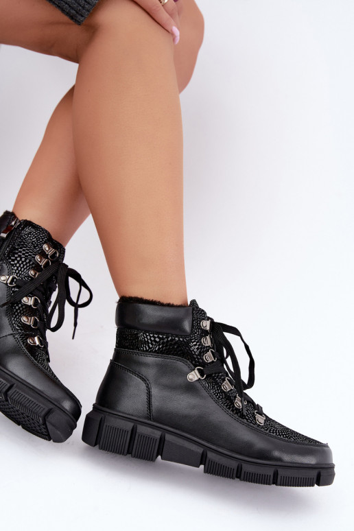 Faux leather insulated women's ankle boots black color INanelia