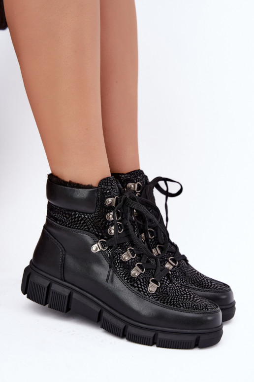 Faux leather insulated women's ankle boots black color INanelia