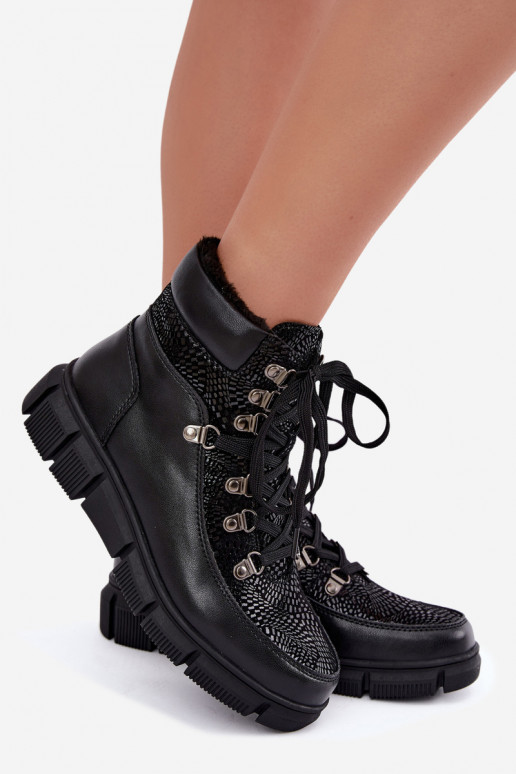 Faux leather insulated women's ankle boots black color INanelia