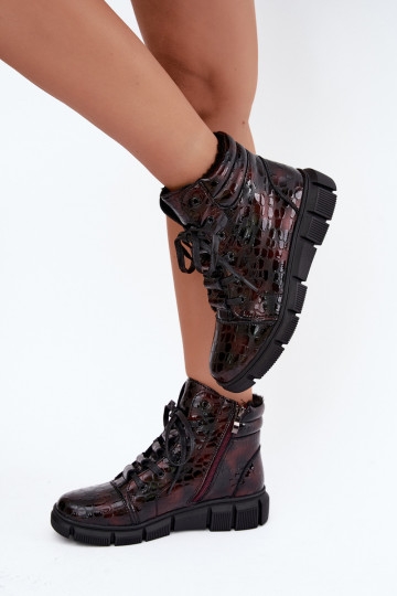 Faux leather insulated women's ankle boots with patent effect burgundy color Canelia 2