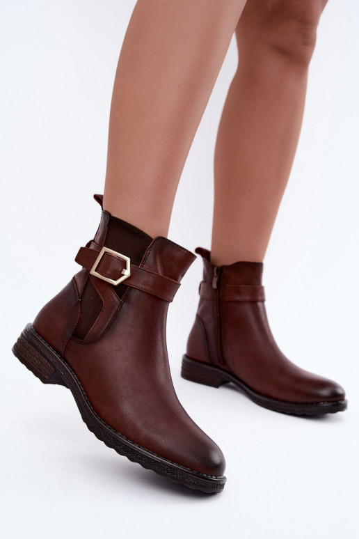 Faux leather insulated women's ankle boots with buckles Sergio Leone BT-43 brown