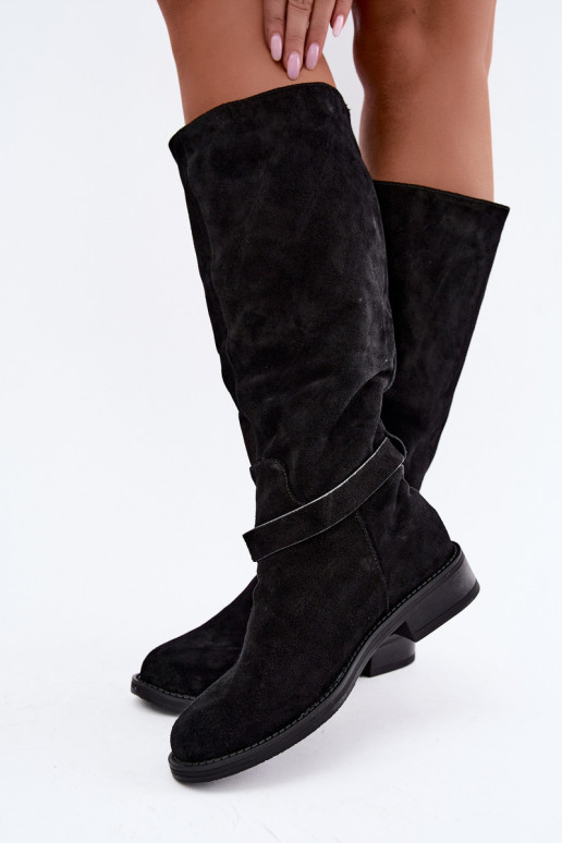 Faux suede knee-high boots with buckles Vinceza black