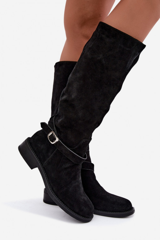Faux suede knee-high boots with buckles Vinceza black