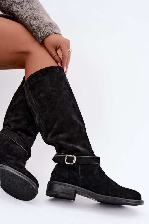 Faux suede knee-high boots with buckles Vinceza black