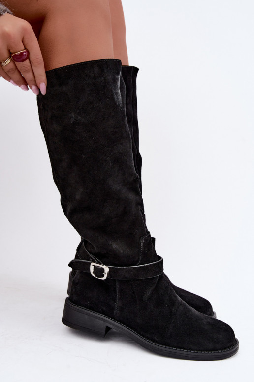 Faux suede knee-high boots with buckles Vinceza black