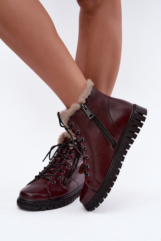 Women's insulated ankle boots in natural leather Vinceza 133123 in burgundy color