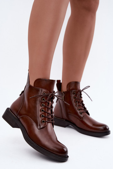 Insulated ankle boots with wide heels 58677 in brown color