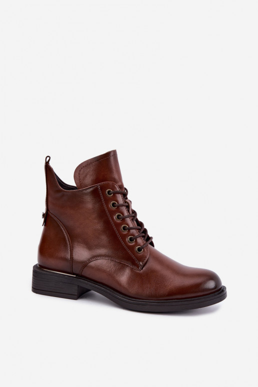 Insulated ankle boots with wide heels 58677 in brown color