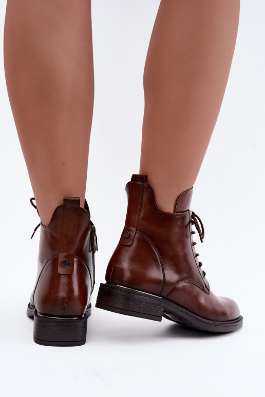 Ocieplane botki z szerokimi obcasami 58677 w kolorze brązowym
