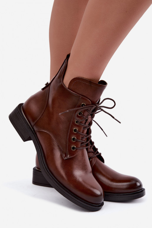 Insulated ankle boots with wide heels 58677 in brown color