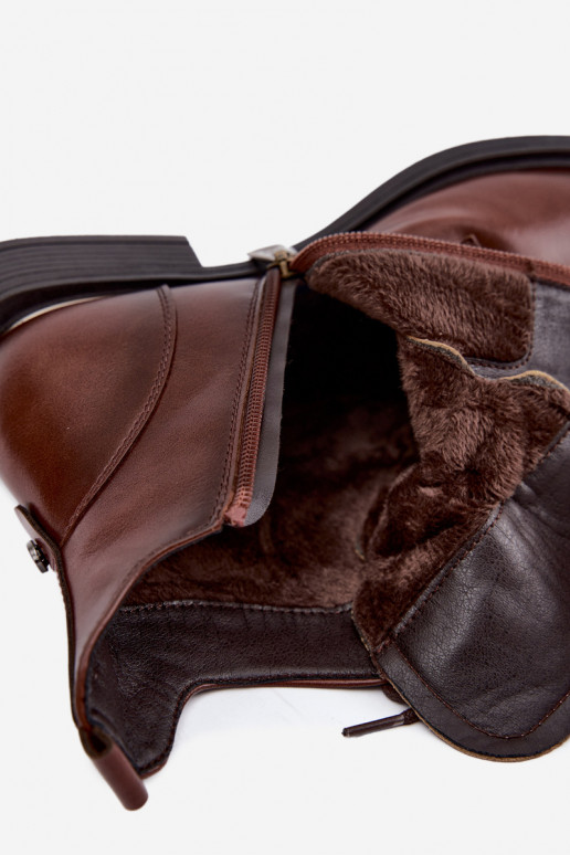 Insulated ankle boots with wide heels 58677 in brown color