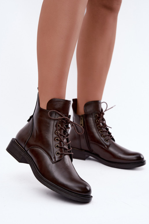 Insulated ankle boots with wide heels 58677 in chocolate color