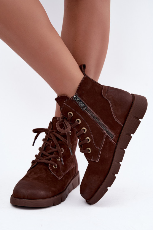 Natural leather lace-up insulated ankle boots Vinceza 67040 in chocolate color