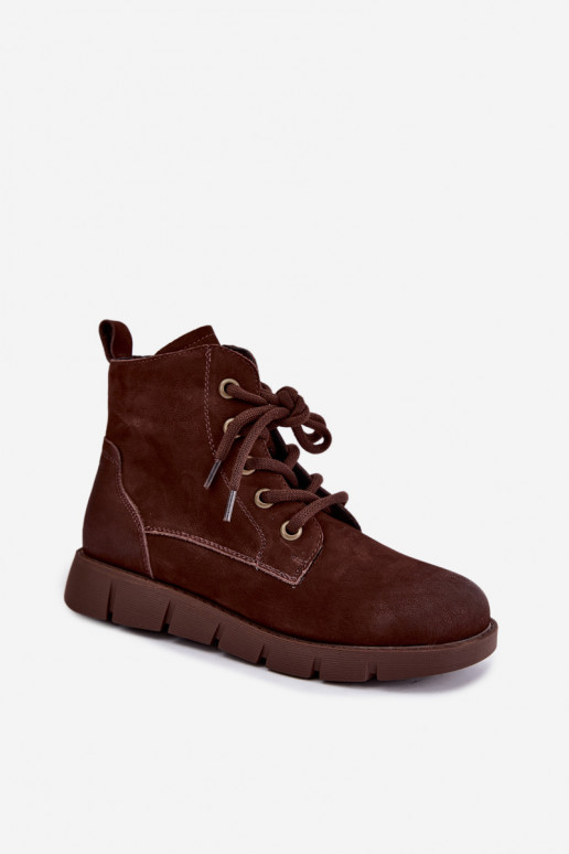 Natural leather lace-up insulated ankle boots Vinceza 67040 in chocolate color