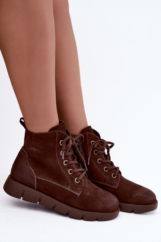 Natural leather lace-up insulated ankle boots Vinceza 67040 in chocolate color