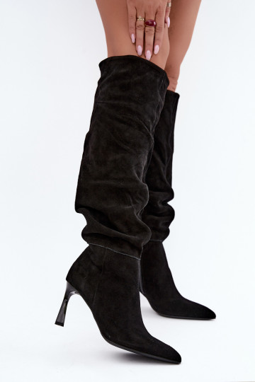Faux suede knee-high boots Slouchy with thin heels Vinceza 89170 in black color
