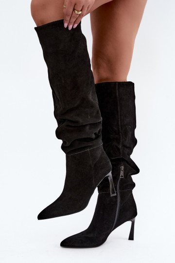 Faux suede knee-high boots Slouchy with thin heels Vinceza 89170 in black color 2