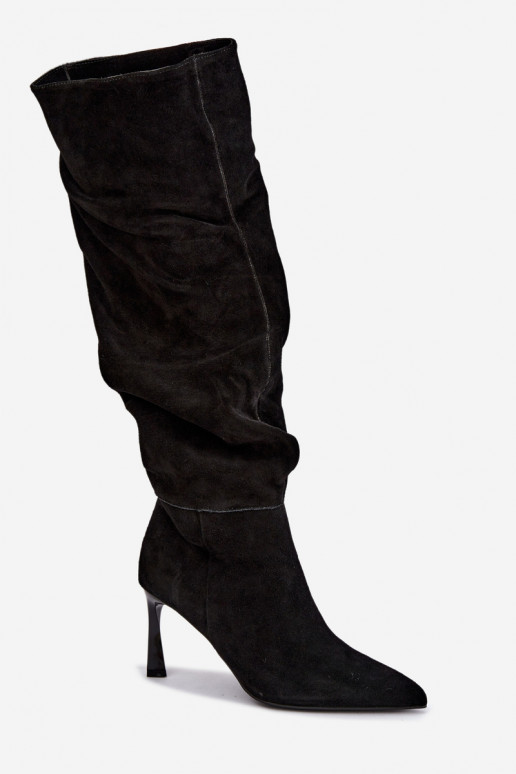 Faux suede knee-high boots Slouchy with thin heels Vinceza 89170 in black color