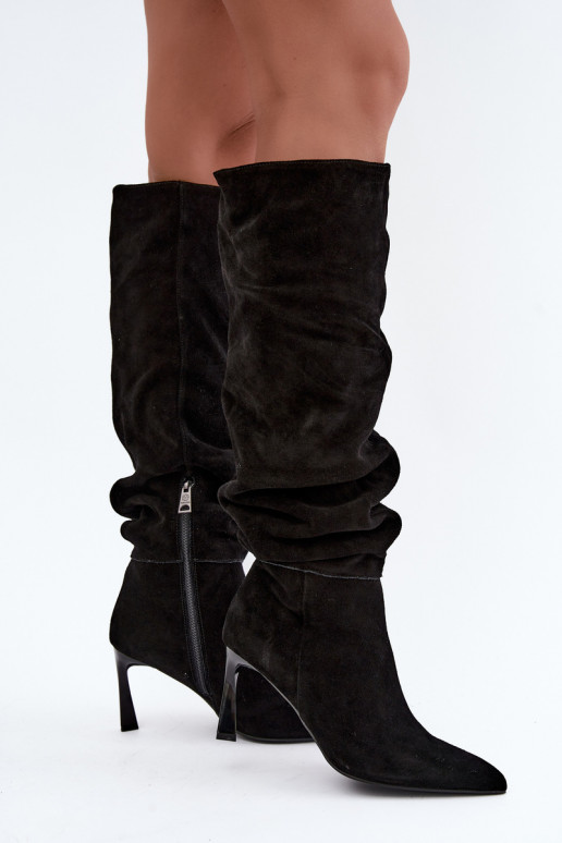 Faux suede knee-high boots Slouchy with thin heels Vinceza 89170 in black color