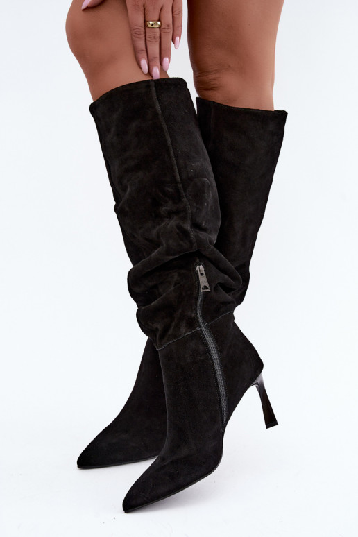 Faux suede knee-high boots Slouchy with thin heels Vinceza 89170 in black color