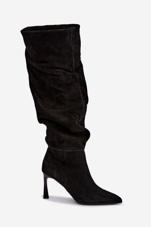 Faux suede knee-high boots Slouchy with thin heels Vinceza 89170 in black color