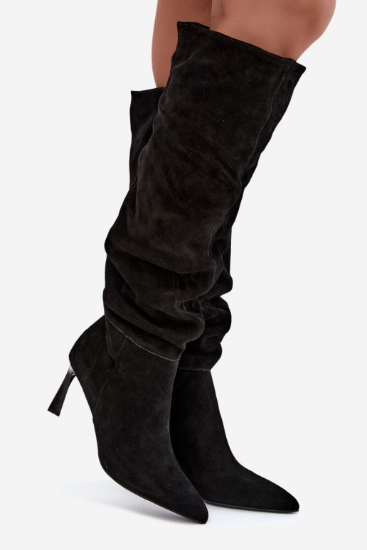 Faux suede knee-high boots Slouchy with thin heels Vinceza 89170 in black color