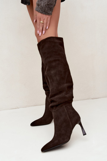 Faux suede knee-high boots Slouchy with thin heels Vinceza 89170 in chocolate color