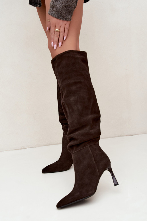 Faux suede knee-high boots Slouchy with thin heels Vinceza 89170 in chocolate color
