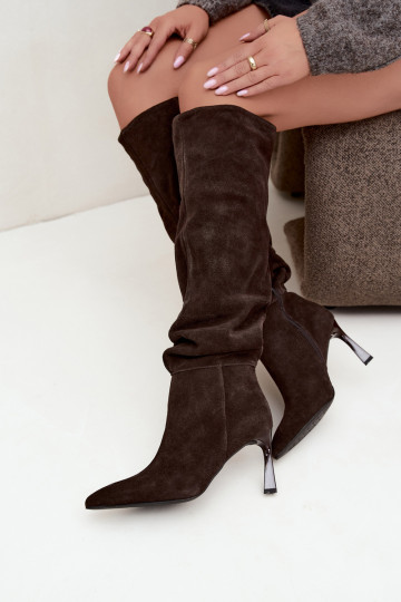 Faux suede knee-high boots Slouchy with thin heels Vinceza 89170 in chocolate color 2