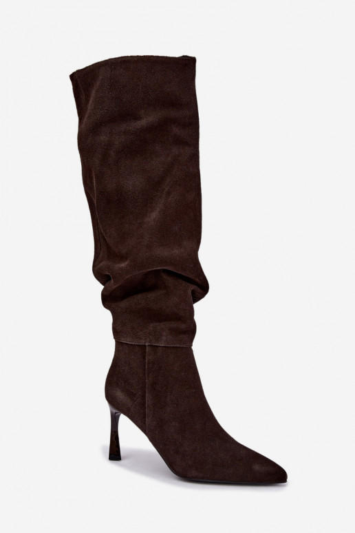 Faux suede knee-high boots Slouchy with thin heels Vinceza 89170 in chocolate color