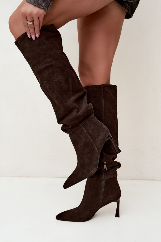 Faux suede knee-high boots Slouchy with thin heels Vinceza 89170 in chocolate color