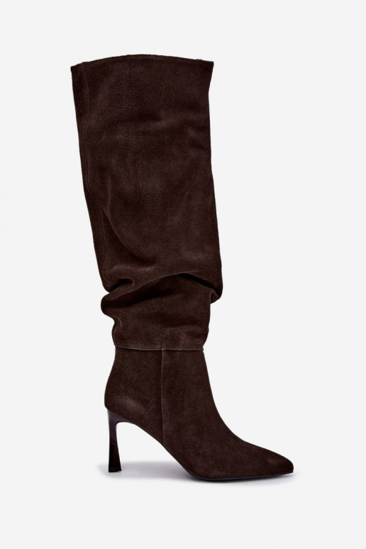 Faux suede knee-high boots Slouchy with thin heels Vinceza 89170 in chocolate color