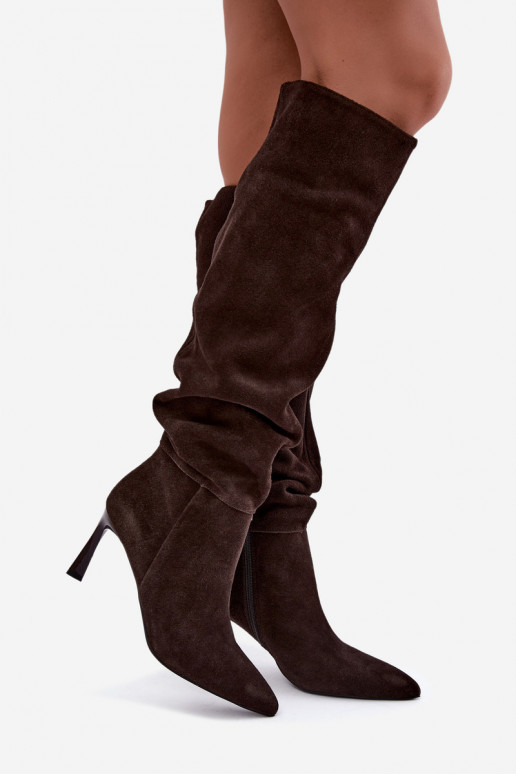 Faux suede knee-high boots Slouchy with thin heels Vinceza 89170 in chocolate color