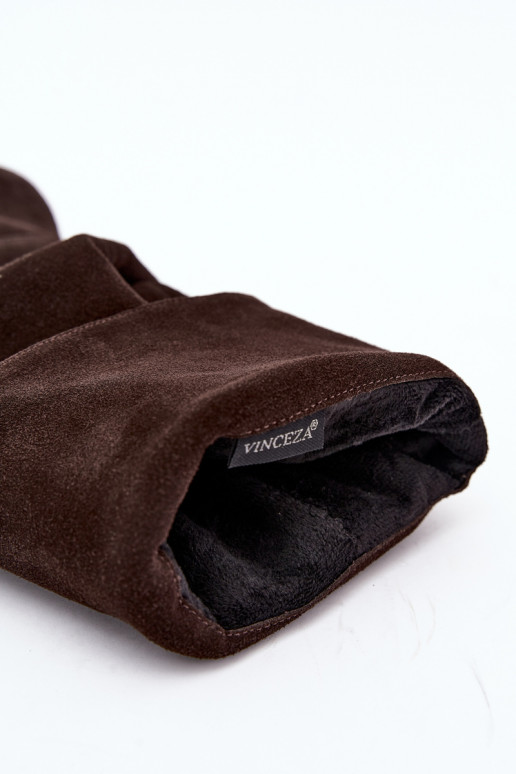 Faux suede knee-high boots Slouchy with thin heels Vinceza 89170 in chocolate color