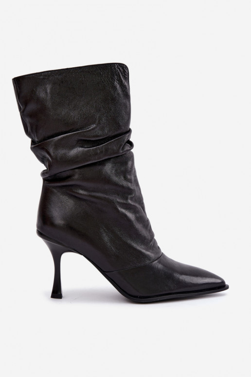 Natural leather insulated ankle boots Slouchy with thin heels Vinceza 89166 in black color