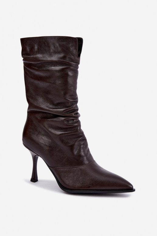 Natural leather insulated ankle boots Slouchy with thin heels Vinceza 89166 in chocolate color