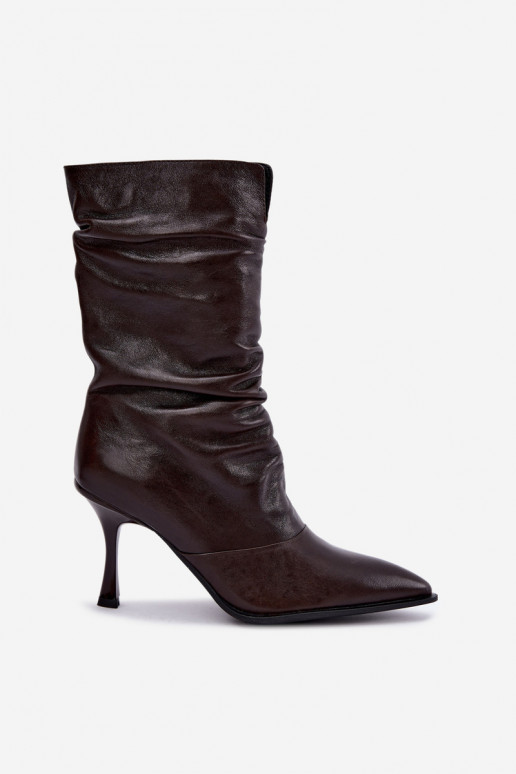 Natural leather insulated ankle boots Slouchy with thin heels Vinceza 89166 in chocolate color