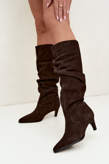 Faux suede insulated knee-high boots Slouchy with heels Vinceza 89167 in chocolate color 2