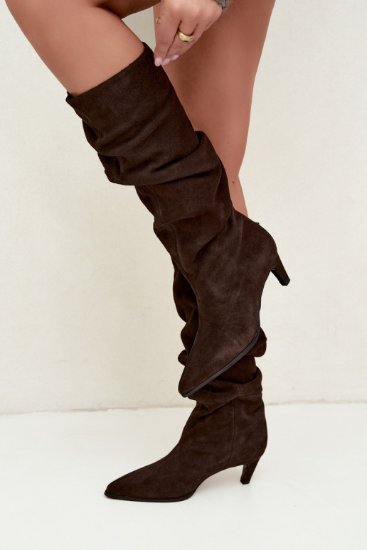 Faux suede insulated knee-high boots Slouchy with heels Vinceza 89167 in chocolate color