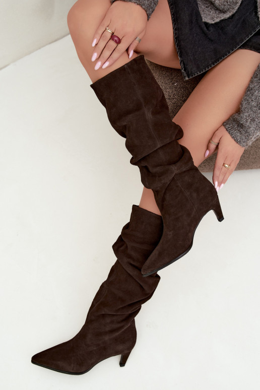 Faux suede insulated knee-high boots Slouchy with heels Vinceza 89167 in chocolate color