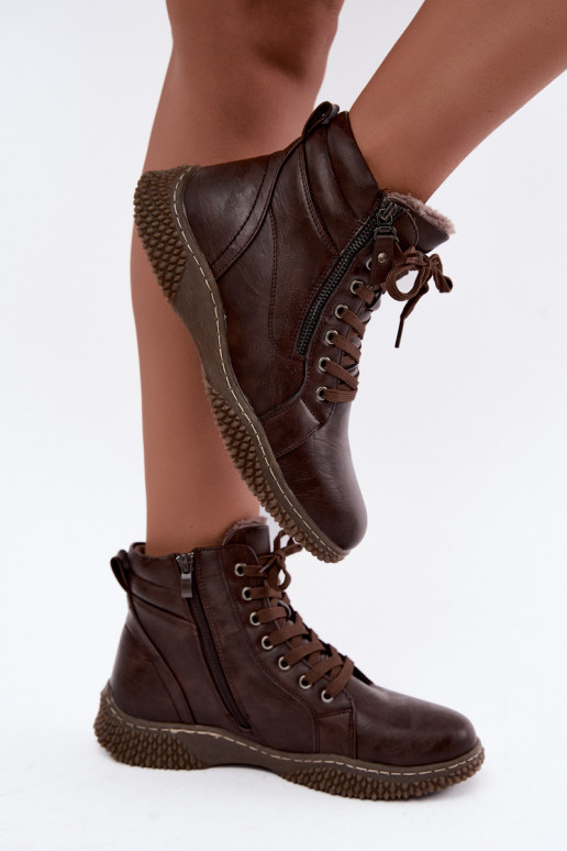 Women's insulated ankle boots with fur inside made of faux leather in brown color Ulverina