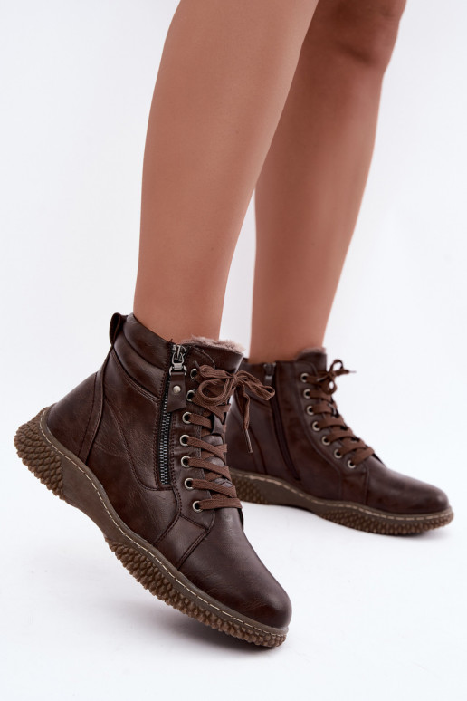 Women's insulated ankle boots with fur inside made of faux leather in brown color Ulverina